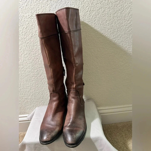 Arturo Chiang WomenTall Riding Boots Pull-On Brown Leather Distressed Side Zip 8 - Picture 3 of 12